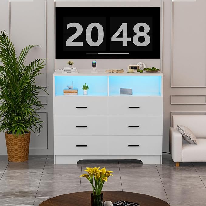 Dresser with Power Outlets and LED Lights Wooden 6 Drawer Dresser with Large - Image 6