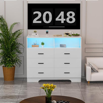 Dresser with Power Outlets and LED Lights Wooden 6 Drawer Dresser with Large - Image 6