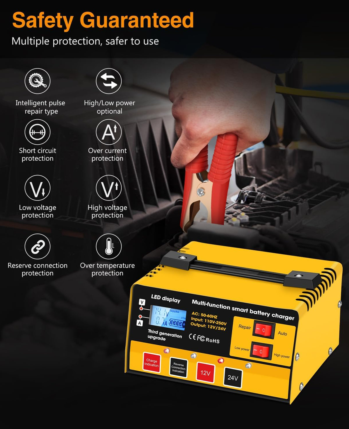 Car Battery Charger,12V-12A/24V-8.5AMH Smart Automatic Battery Charger,High/L...