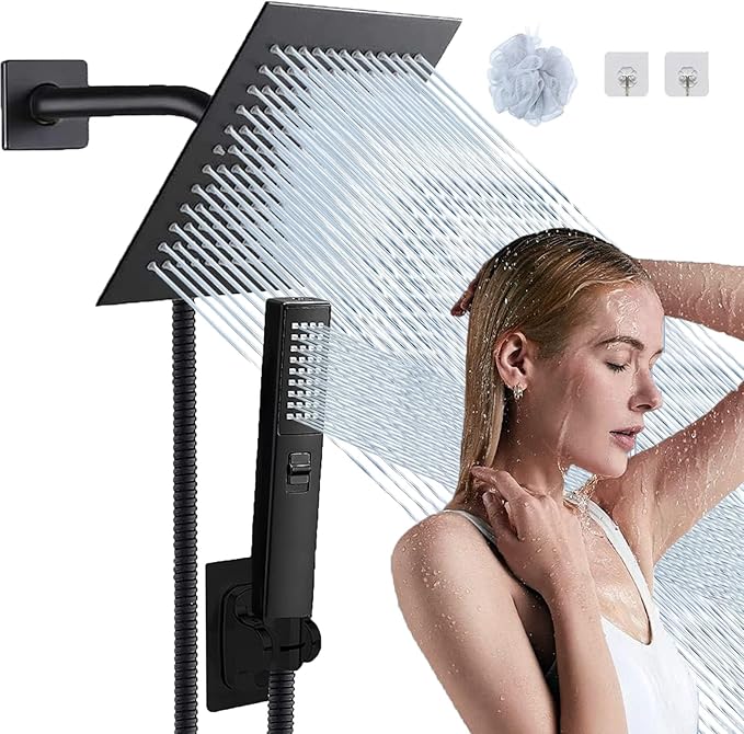 8"High Pressure Square Rain Shower Head and 2-in-1 Hand Shower.Equipped by AWAXFOLO