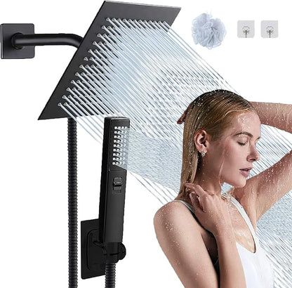 8"High Pressure Square Rain Shower Head and 2-in-1 Hand Shower.Equipped by AWAXFOLO