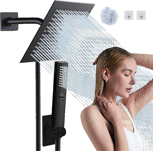 8"High Pressure Square Rain Shower Head and 2-in-1 Hand Shower.Equipped by AWAXFOLO