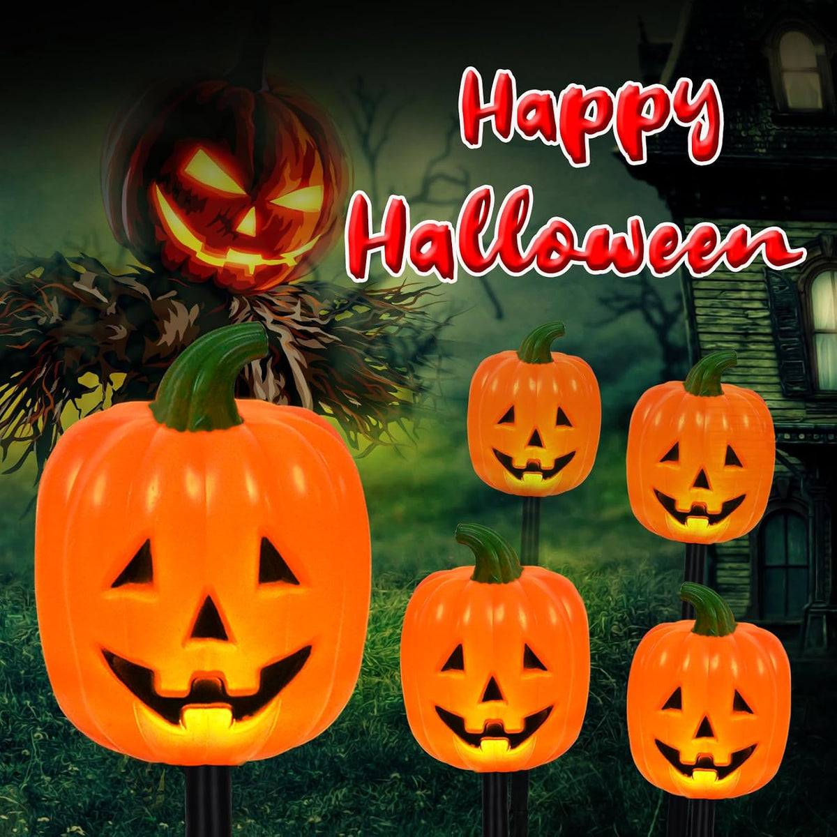 BRIGHTDECK Halloween Pumpkin Stake Lights, Set of 10 Decorative Solar Pumpkin...