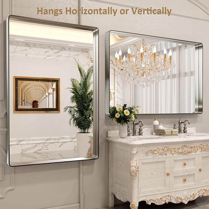 LOAAO 60X40 Inch Brushed Nickel Bathroom Mirror, Rounded Rectangle Silver Metal - Image 4