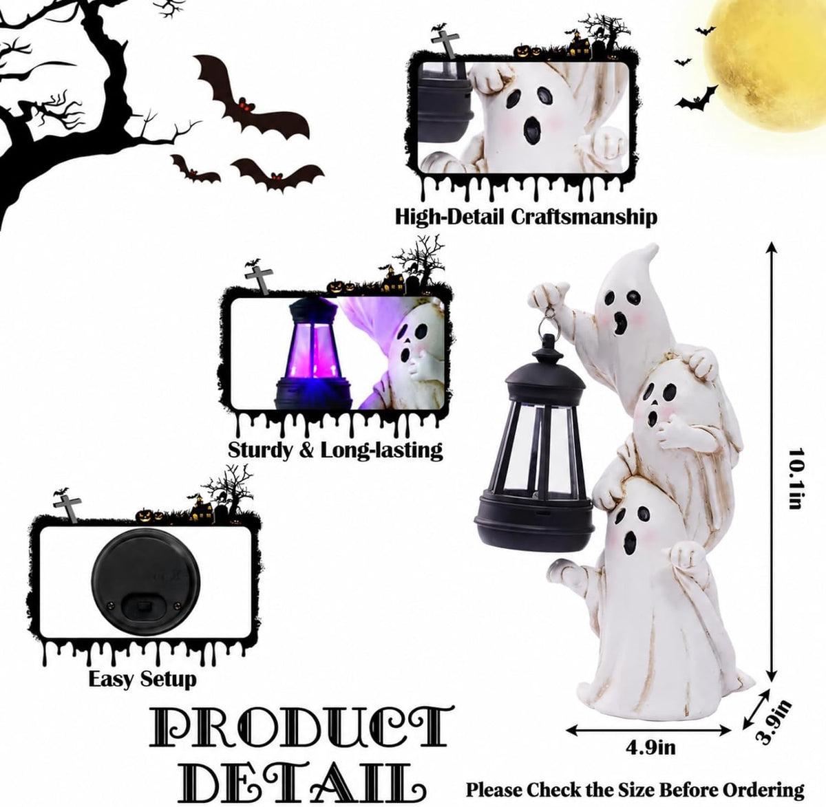 twinbling Triple Ghosts Halloween Decorations Outdoor with Solar Lantern,Cute...