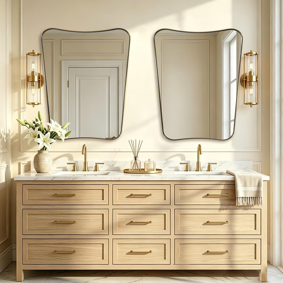Irregular 24"x30" Brushed Gold Bathroom Vanity Mirror | Rustprrof Stainless Steel Frame, Concave Scalloped Contour, Ultra-HD Clarity, Ideal Bathroom Decor & Remodel, Vertically Only