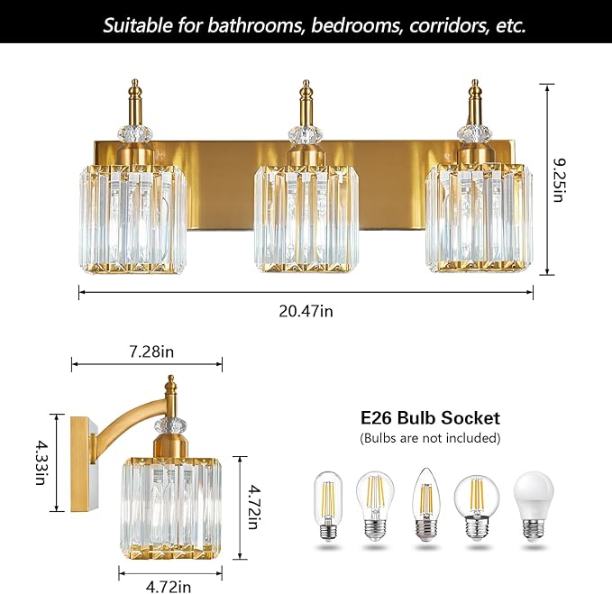 BBLLWJ Modern Bathroom Vanity Light 3-Light Gold Crystal Light Fixtures Over - Image 4