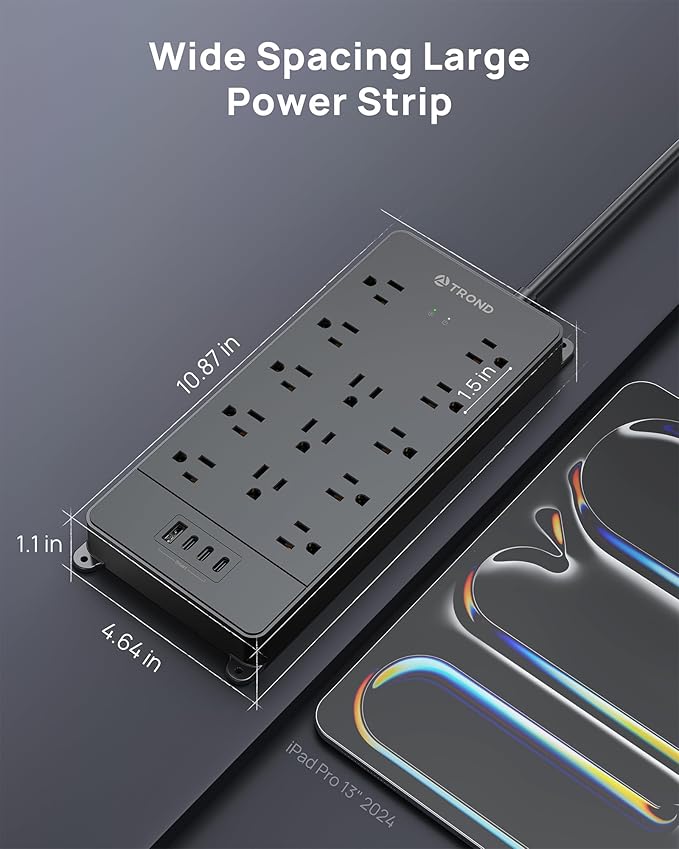 TROND 360° Rotating Flat Plug, Surge Protector Power Strip, 13AC Widely Spaced - Image 7