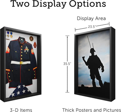 Frame Amo 24x36 Black Shadow Box Frame, Tempered Glass & Solid Wood | 1.5 inch Display Depth, 2.5 inch Thick, White or Black Background, Display Case, High End, Heavy Duty, Hanging Hardware