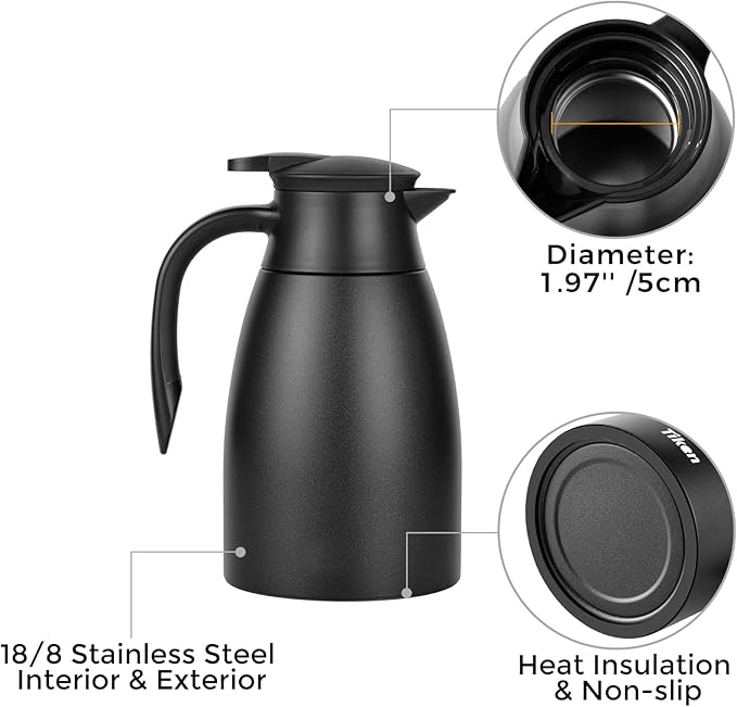 Tiken 51 Oz Thermal Coffee Carafe, Stainless Steel Insulated Vacuum Coffee - Image 2