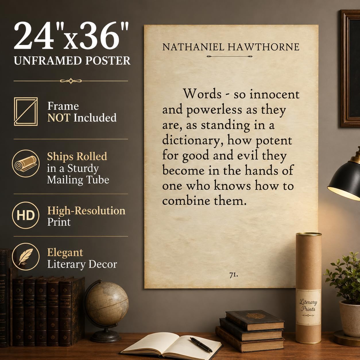 Nathaniel Hawthorne Words Quote Wall Art 24x36 Unframed Poster Words So Innocent and Powerless How Potent for Good and Evil Literary Print for Writers Authors Teachers Library Office Décor