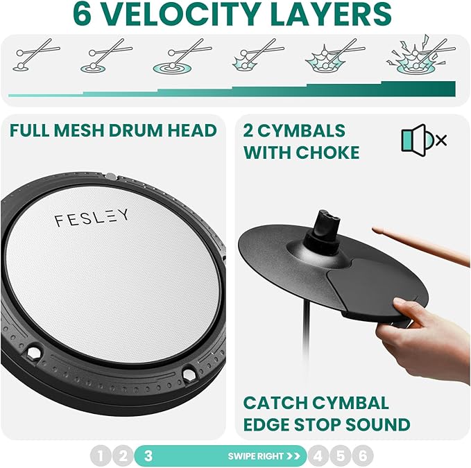 Fesley FED150W Electric Drum Set: Dual Zone Snare Drum, 2 Cymbals w/Choke - Image 4