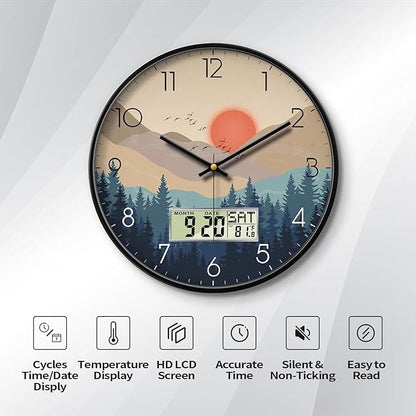 Silent Wall Clock with Day Week Temperature Wilderness with Sunset Non-ticking - Image 2