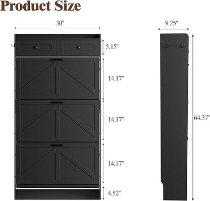 Shoe Cabinet with 3 Flip Drawers & 2 Storage Drawers, Rustic Farmhouse Narrow - Image 2