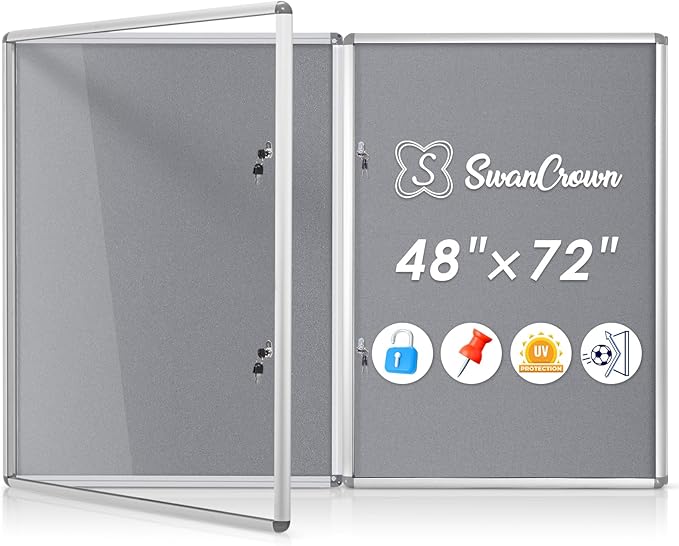 SWANCROWN Enclosed Bulletin Board 48x36in, Tamperproof Lockable Grey Felt Board by SWANCROWN