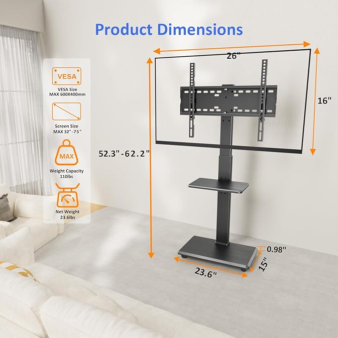Rolling TV Stand, Mobile TV Cart - Image 8