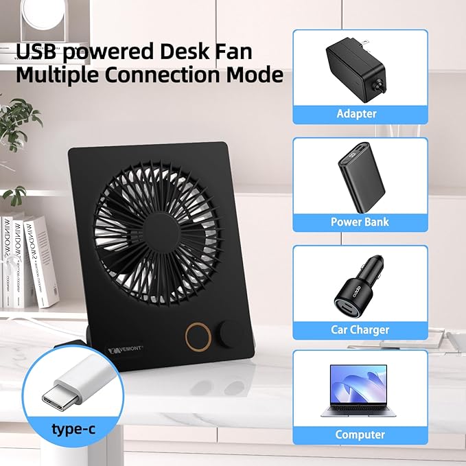 Small Desk Fan, VEMONT USB Table Fan, 5000mAh Rechargeable Battery Fan - Image 7