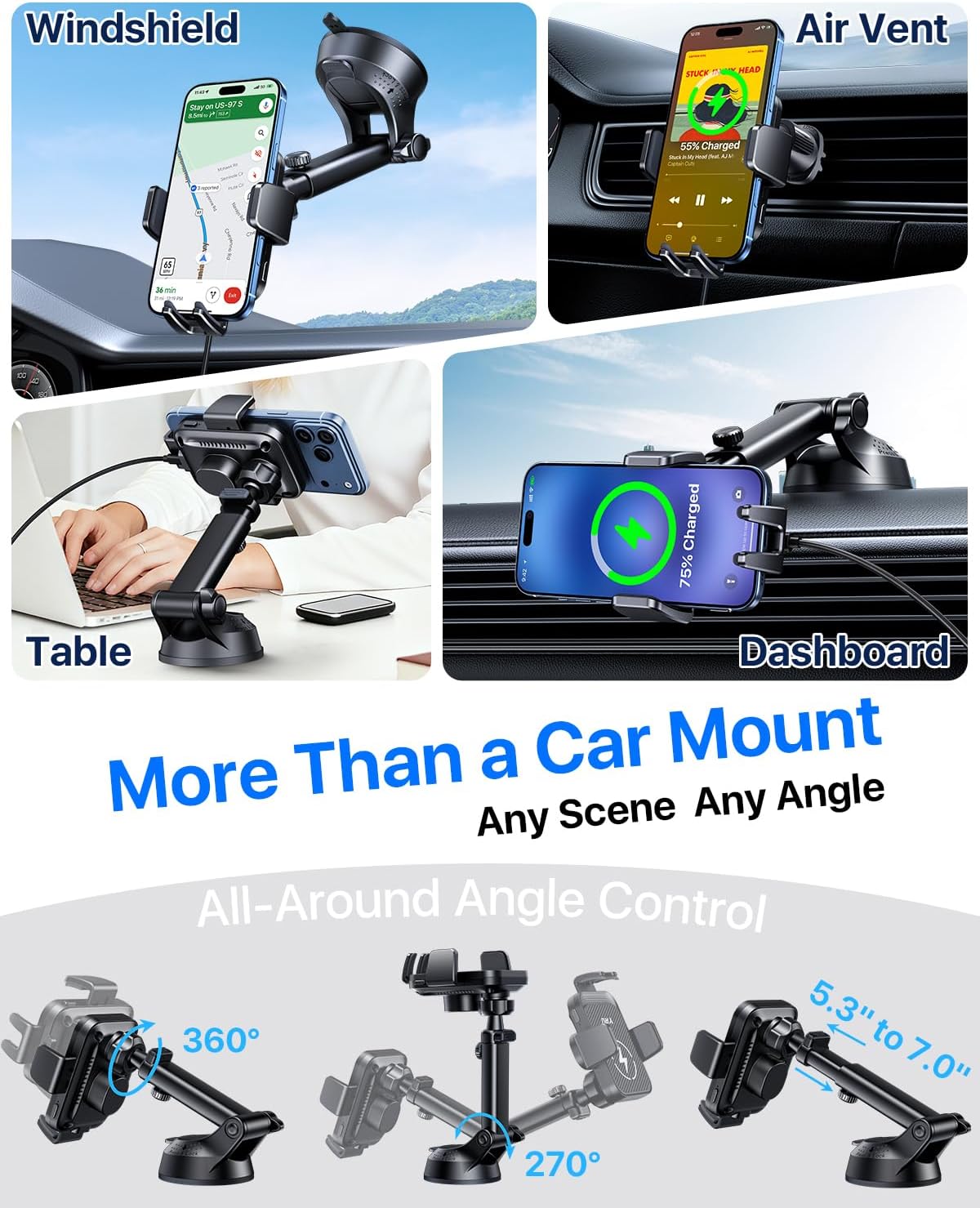 YRU Wireless Car Charger 【90+LBS Strongest】 15W Auto Clamping Phone Holder