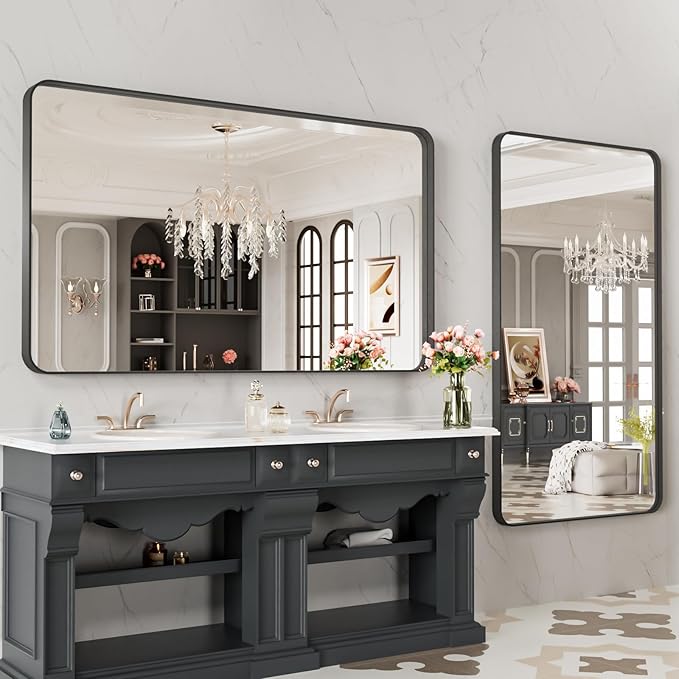 LOAAO 48X28 Inch Black Metal Framed Bathroom Mirror - Image 4