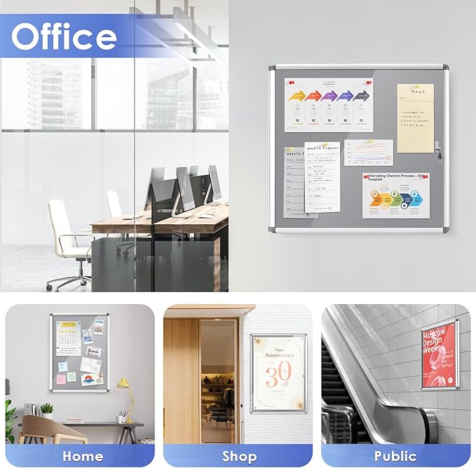 SWANCROWN Enclosed Bulletin Board 36x24 in, Tamperproof Lockable Grey Felt - Image 6