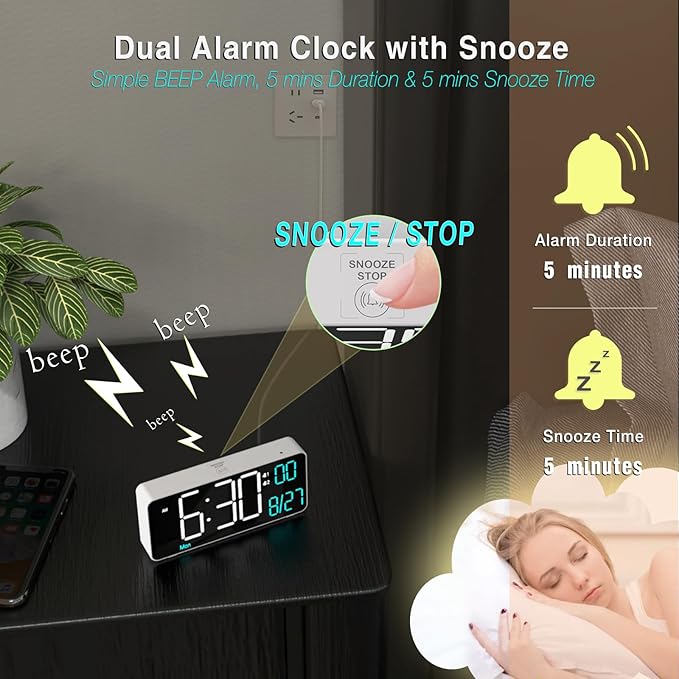 KOSUMOSU Digital Alarm Clock for Bedroom, 6.7in Small Digital Clock, Auto - Image 5