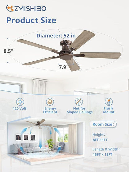 ZMISHIBO 52 Inch Ceiling Fan No Light, Flush Mount Low Profile, Farmhouse Brown - Image 4