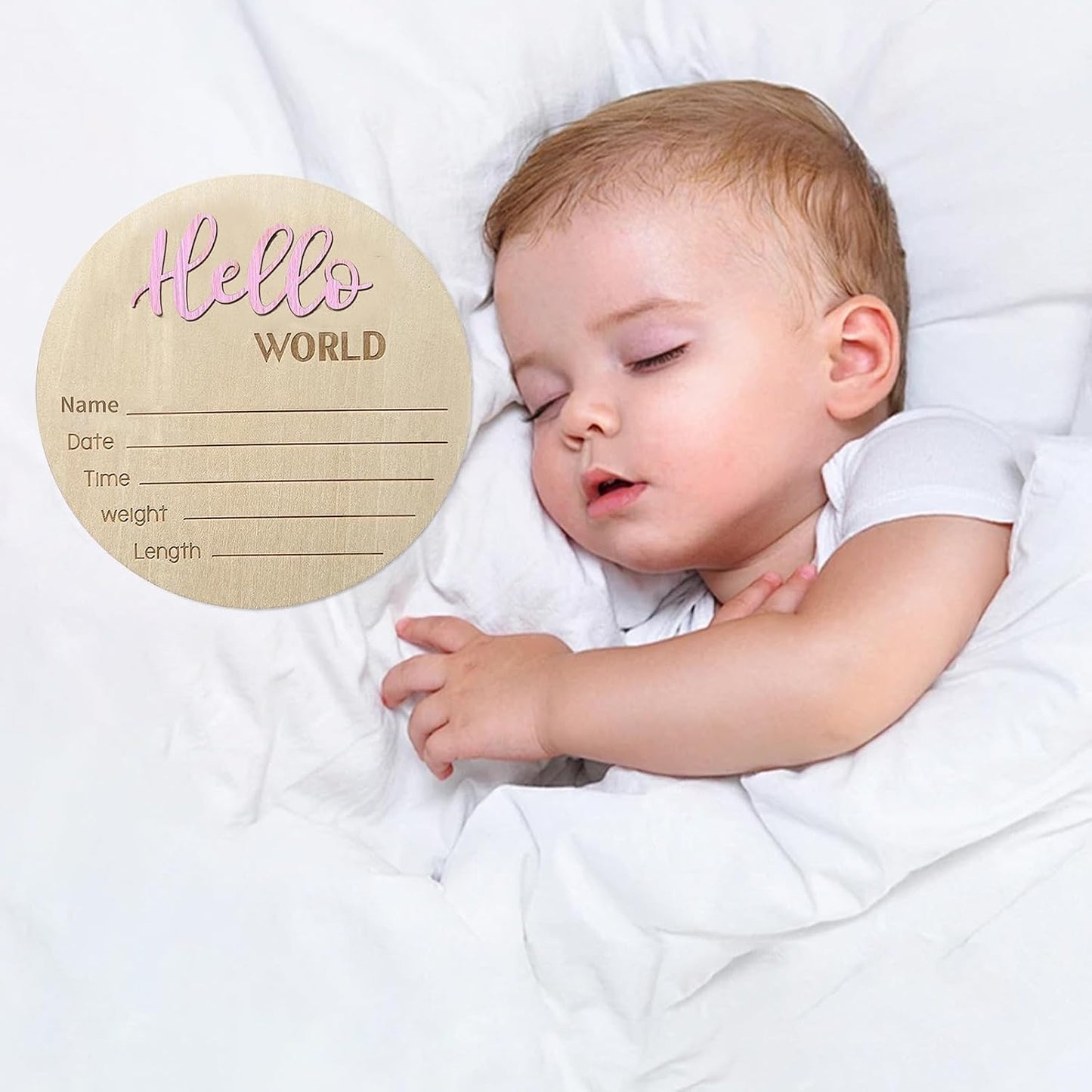Baby Announcement Sign, 5.9 Inch Wooden Hello World Newborn Signs, Birth Announcement Sign, Baby Shower Hospital Nursery for Newborn Boys and Girls (Light Pink,Pen)