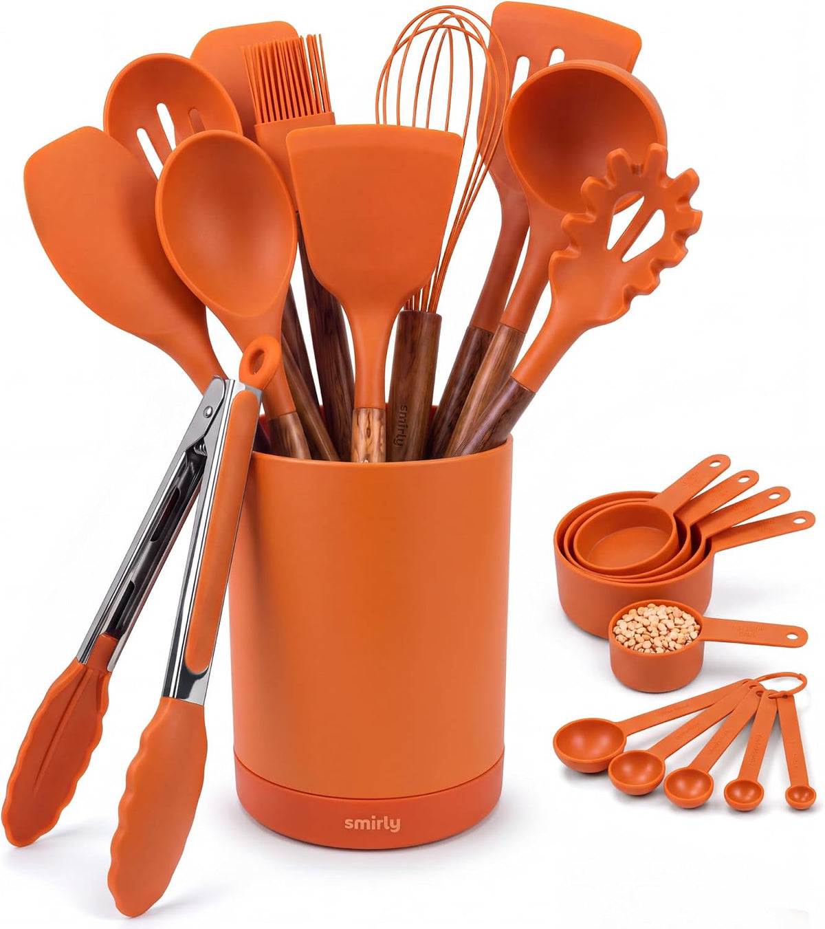 SMIRLY Silicone Kitchen Utensils Set, 22-Piece Acacia Wood Handle, Orange