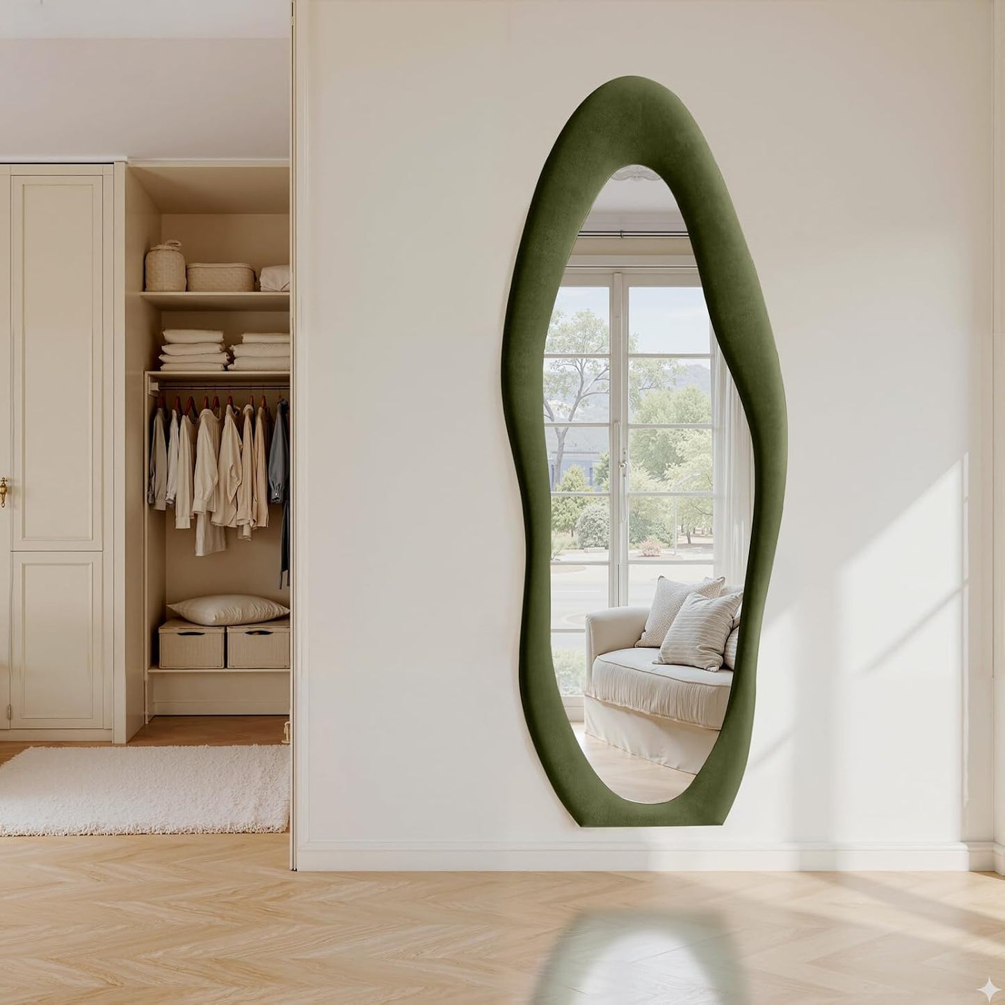 Anpark Full Length Mirror 63"x24" Irregular Full Body Wall Mounted Floor Mirror with Stand Green Flannel Wrapped Frame Leaning Hanging Wall Mirror for Bedroom Entrance Hallway