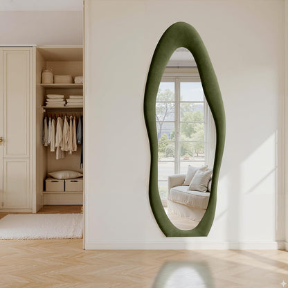 Anpark Full Length Mirror 63"x24" Irregular Full Body Wall Mounted Floor Mirror with Stand Green Flannel Wrapped Frame Leaning Hanging Wall Mirror for Bedroom Entrance Hallway