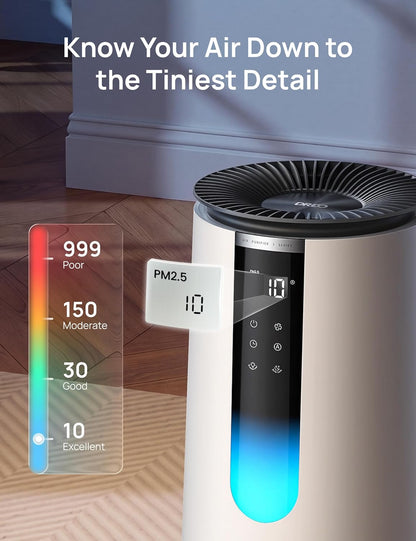 dreo air purifier for home, hepa sleep mode showing dimensions