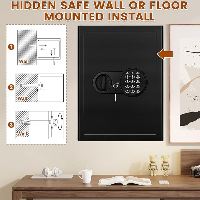 Safe Box with Fireproof Waterproof Bag, Home Safe with Keys & Pass Code & Wall - Image 7