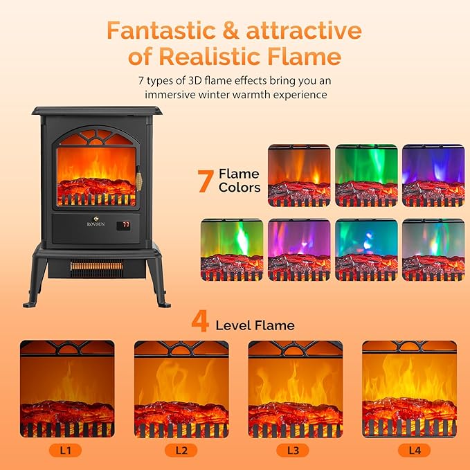 ROVSUN 1500W Electric Fireplace Stove, 22.4" H Freestanding Heater w/Remote - Image 3