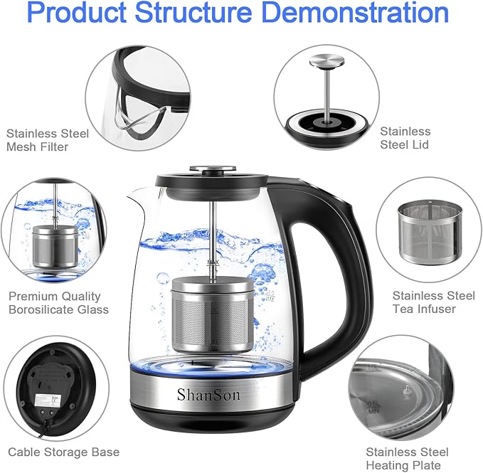 ShanSon Electric Kettle with Tea Infuser 1.7L Temperature Control Glass - Image 4