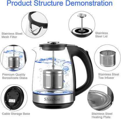 ShanSon Electric Kettle with Tea Infuser 1.7L Temperature Control Glass - Image 4