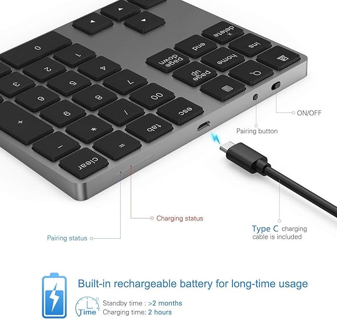 Bluetooth Number Pad, Lekvey Aluminum Rechargeable Wireless Numeric Keypad Slim - Image 3