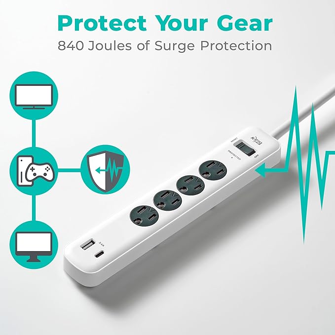 KMC 4-Outlet Surge Protector Power Strip, 1 USB-A & 1 USB-C Port, Power Strip - Image 5