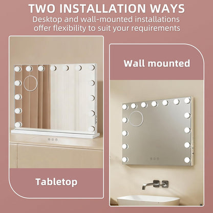 Hollywood Vanity Mirror with Lights, 22.1"x18.1" Hollywood Mirror with 10X Magnification, 15 Dimmable LED Bulbs & 3 Color Lighting Modes Desk Wall-Mounted Makeup Vanity Mirror