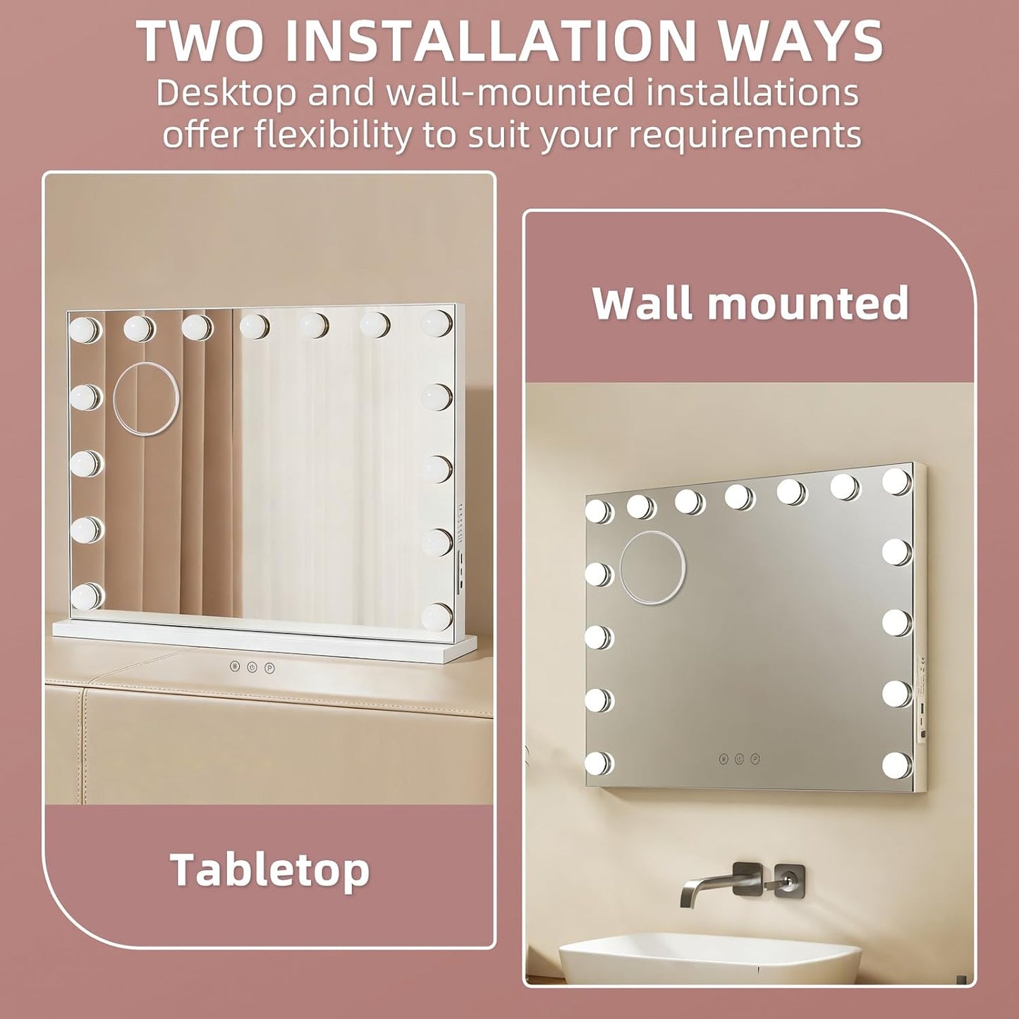 Hollywood Vanity Mirror with Lights, 22.1"x18.1" Hollywood Mirror with 10X Magnification, 15 Dimmable LED Bulbs & 3 Color Lighting Modes Desk Wall-Mounted Makeup Vanity Mirror