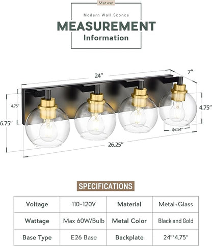METWET Bathroom Light Fixtures, 4-Light Black and Gold Bathroom Vanity Light - Image 2
