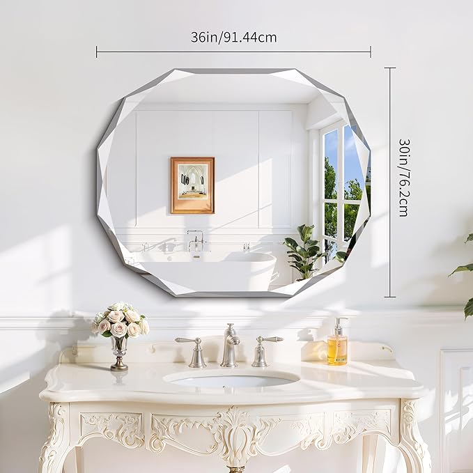 GLASHOM Frameless Bathroom Mirror, 30x36 inch Vanity Mirror Beveled Edge Wall - Image 4