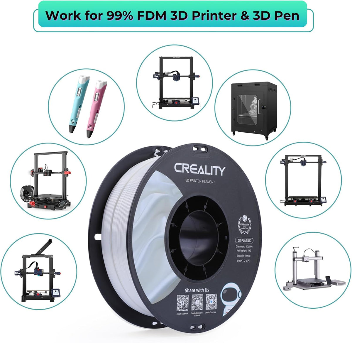 Creality Silk PLA 3D Printer Filament 1.75mm, 2kg, Gold & Silver