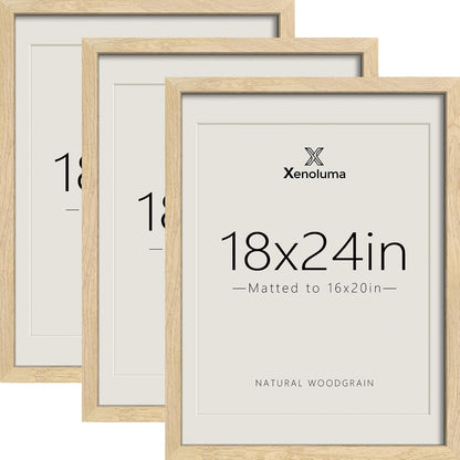 18x24 Poster Frames - 3 Pack, Natural Solid Wood Picture Wide Border Frame, Display 16x20 with Mat or 18 x 24 Without, Vertical & Horizontal Wall Mount