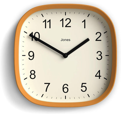 JONES CLOCKS® Sprite wall Clock | Modern Retro Rounded Square Clock | 10" | Mustard Yellow | Easy to Read Numbers | Perfect for Kitchen or Office