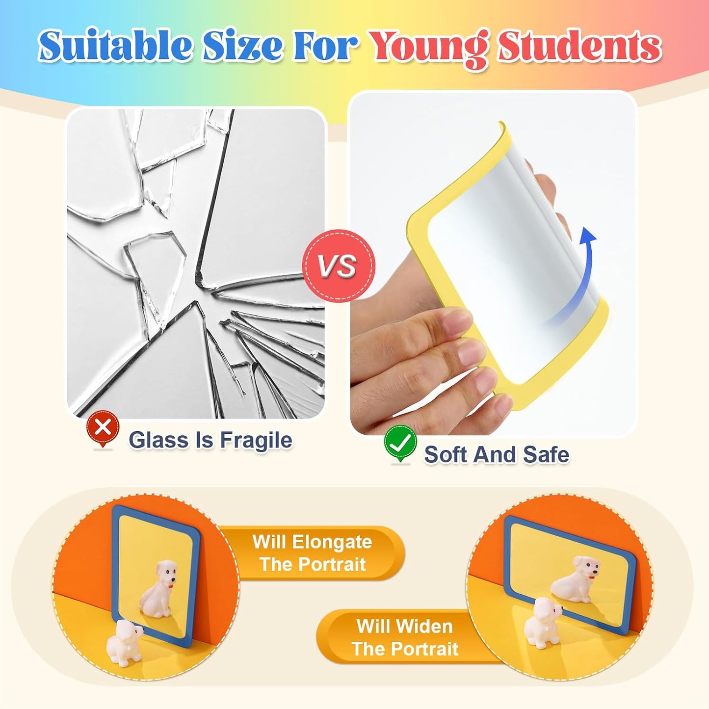 30 Pcs 6x4 Shatter Proof Unbreakable Kids Mirrors, Hippie Color | Unbreakable Shatterproof, Double Sided, Square Round Corners, Classroom Facial Expression, for Bulletin Board DIY Crafts