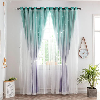 Kids Curtains for Girls Bedroom Princess Curtains for Daughter Room 96 Inches Long Star Curtains with Tieback & 3 Bowties(Purple Teal,W52*L96),1 Panel
