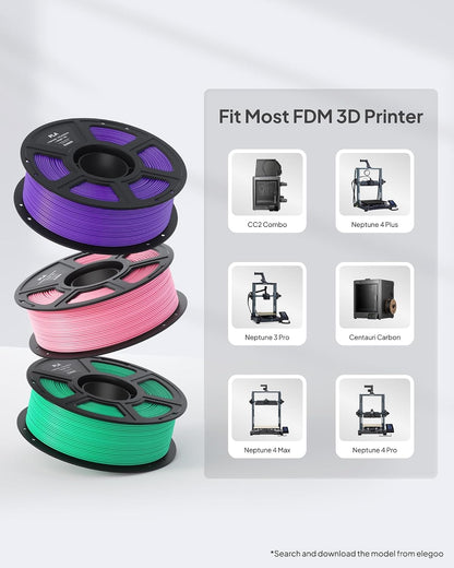 elegoo pla 3d printer filament bundle 4kg pink/purple/sky on a desk or shelf