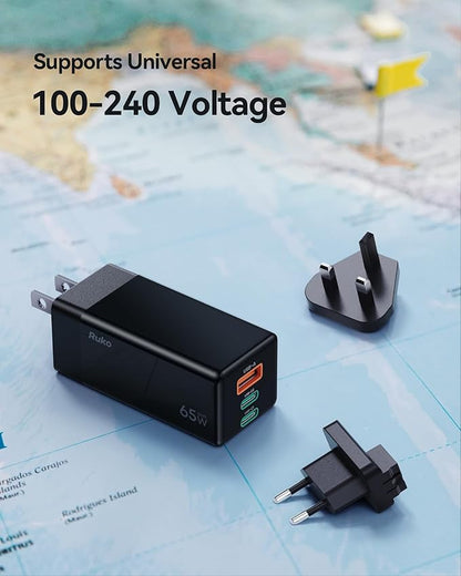 Ruko 65W USB C Charger, 3 Port International Travel Charger Kit, GaN Fast - Image 2