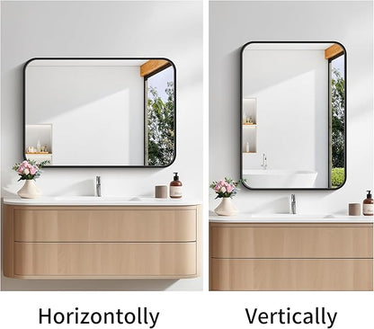 Bathroom Mirror, 18 x 24 inch Metal Framed Black Rectangle Mirror, Rounded - Image 4