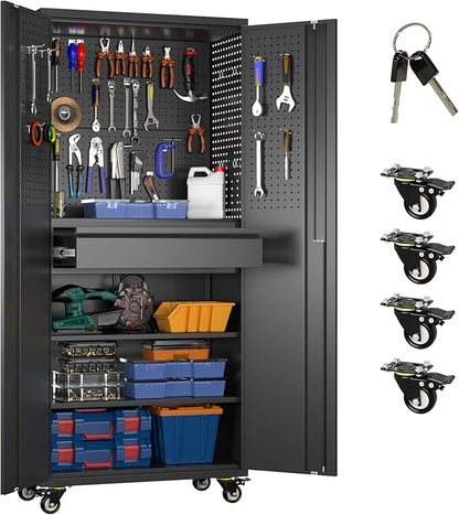 Garage Storage Cabinet with Wheels and Doors, Lockable Metal Storage Cabinet by REEMOON